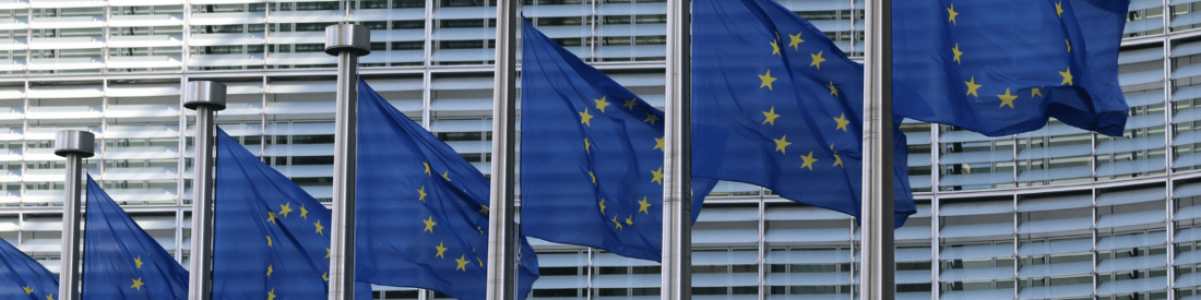 Sieben EU-Flaggen vor dem Gebäude des Europäischen Parlaments in Brüssel.