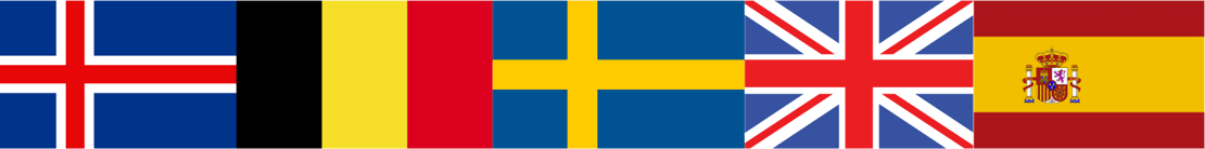 Aneinanderreihung von Länderflaggen: Island, Belgien, Schweden, Großbritannien, Spanien