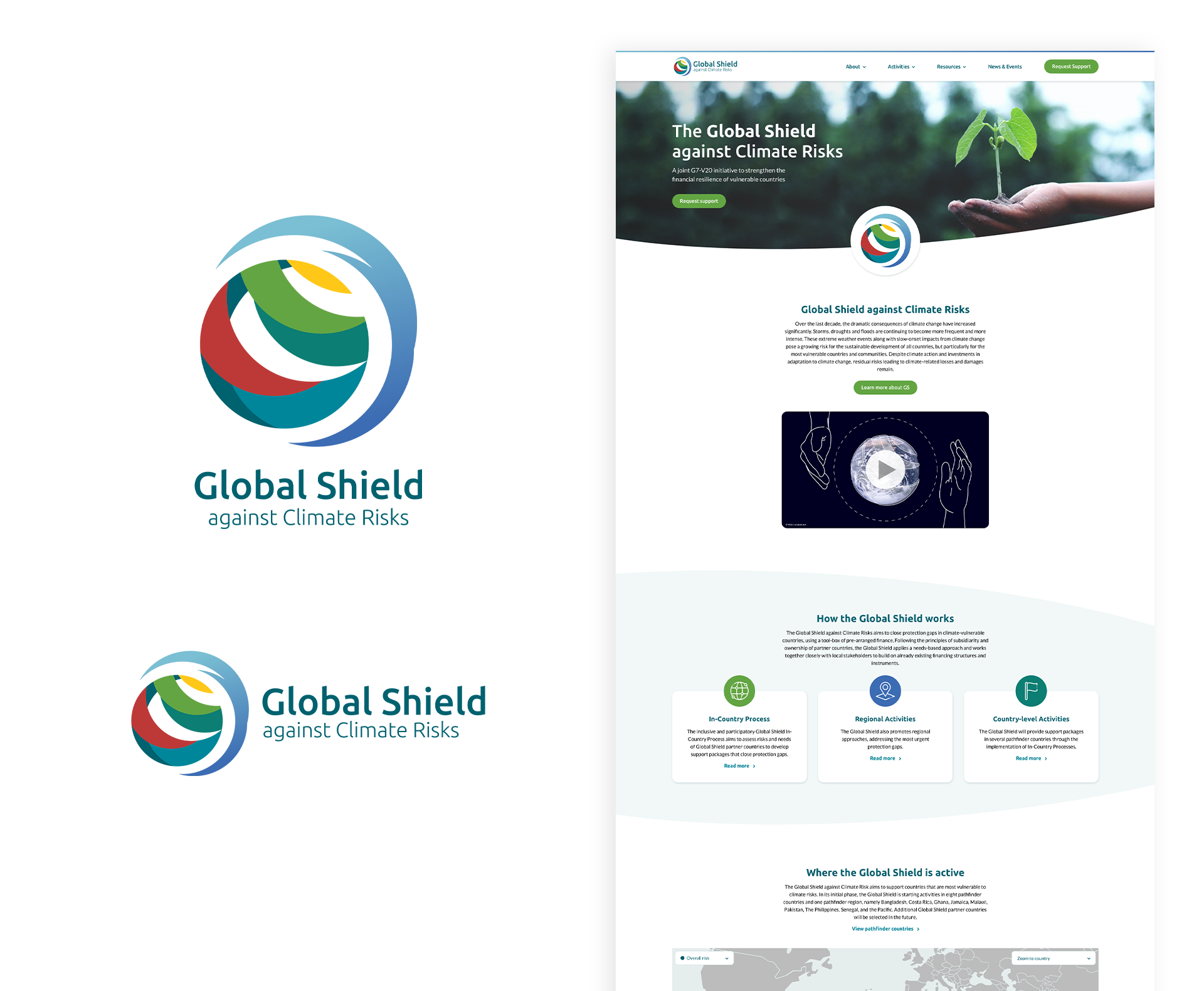 Links zwei Logo-Varianten und rechts ein Screenshot der aktuellen Global Shield Startseite