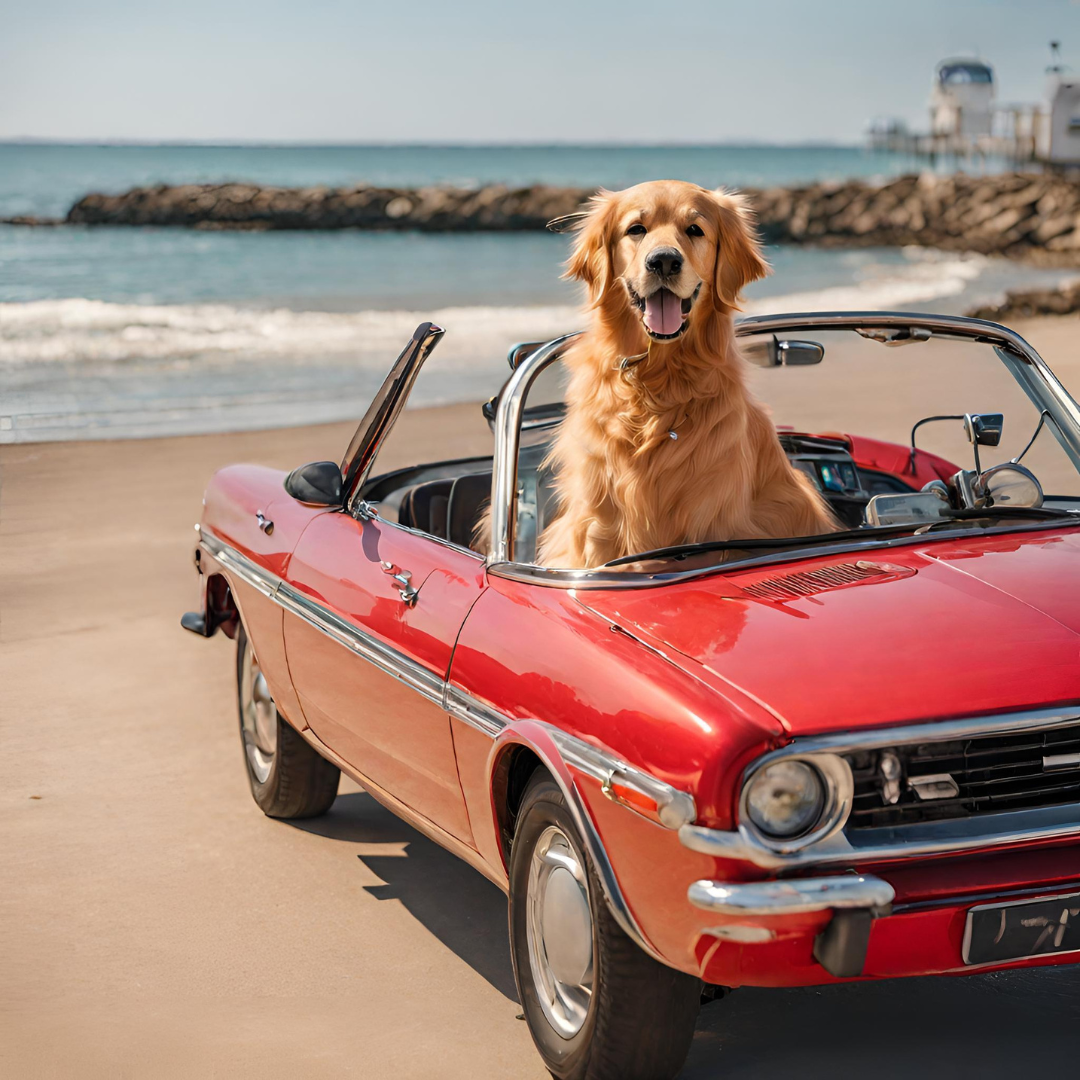 Hund sitzt in rotem Cabriolet am Strand