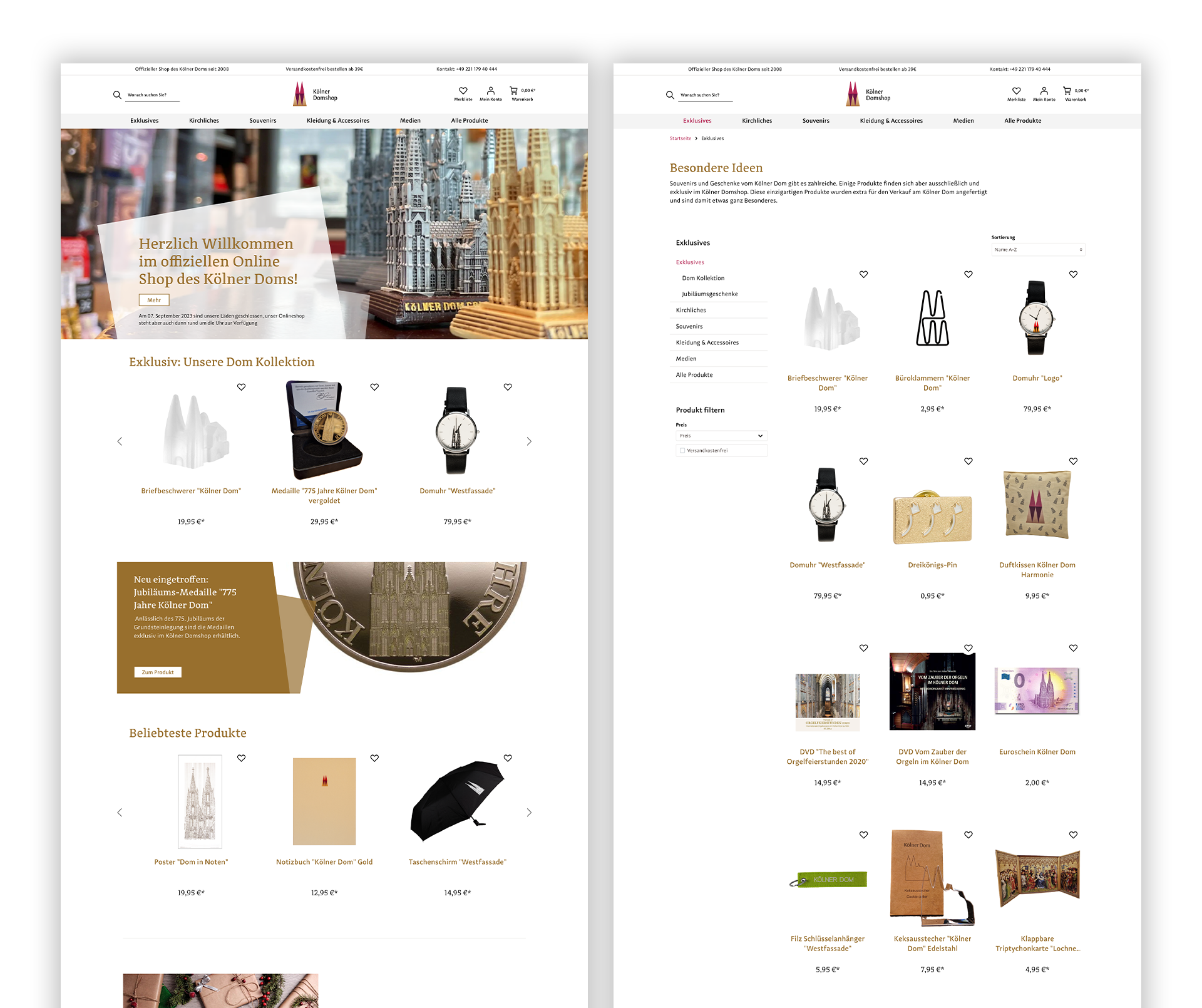 Screenshots des Kölner Dom Online Shops
